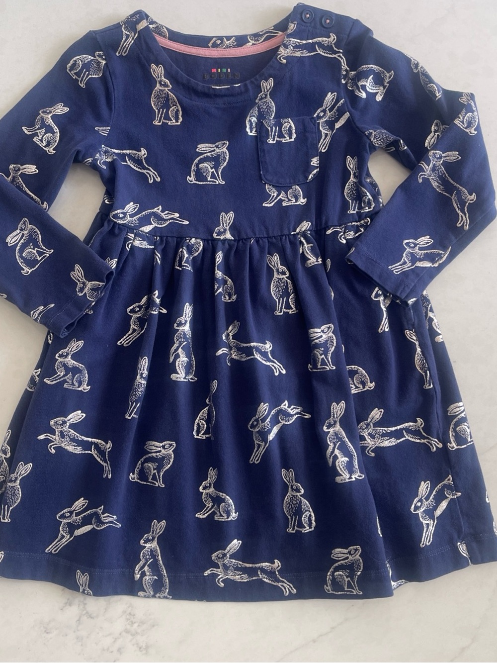 Mini Boden Navy Blue Bunny Print Long-Sleeve Dress